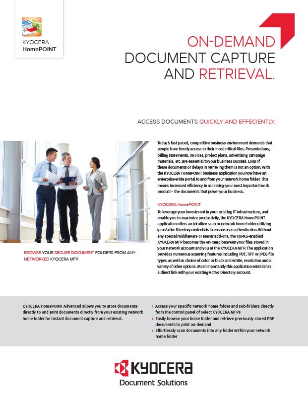 Kyocera Software Capture And Distribution Homepoint Advanced Data Sheet Thumb, Warehouse Direct, Kyocera, Lanier, Lexmark, HP, Copiers, Printer, MFP, Des Plaines, IL