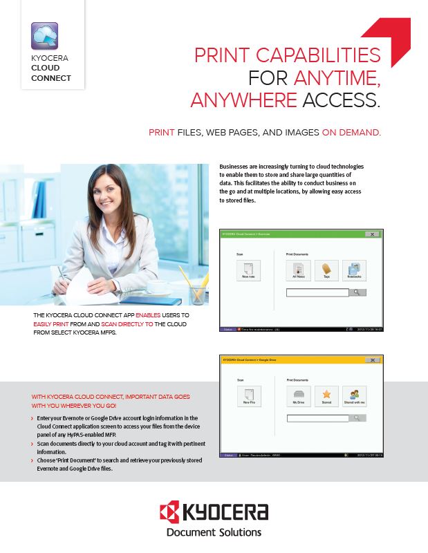 Kyocera Software Mobile And Cloud Kyocera Cloud Connect Data Sheet Thumb, Warehouse Direct, Kyocera, Lanier, Lexmark, HP, Copiers, Printer, MFP, Des Plaines, IL