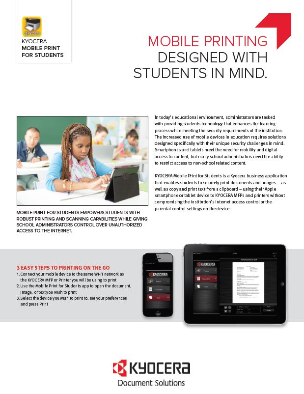 Kyocera Software Mobile And Cloud Kyocera Mobile Print For Students Data Sheet Thumb, Warehouse Direct, Kyocera, Lanier, Lexmark, HP, Copiers, Printer, MFP, Des Plaines, IL