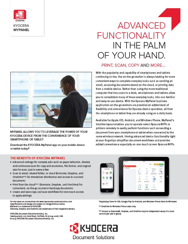 Kyocera Software Mobile And Cloud Mypanel Spec Sheet Thumb, Warehouse Direct, Kyocera, Lanier, Lexmark, HP, Copiers, Printer, MFP, Des Plaines, IL