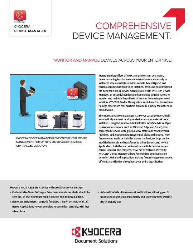 Kyocera Software Network Device Management Kyocera Device Manager Data Sheet Thumb, Warehouse Direct, Kyocera, Lanier, Lexmark, HP, Copiers, Printer, MFP, Des Plaines, IL